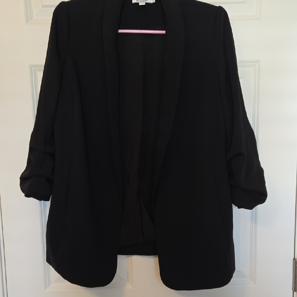 Chico's Black Open-Front Draped Blazer with Ruched 3/4 Sleeves